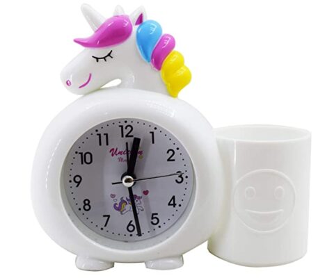 Asera Plastic Unicorn Alarm Table Clock with Pen / Pencil Stand for Kids (White)