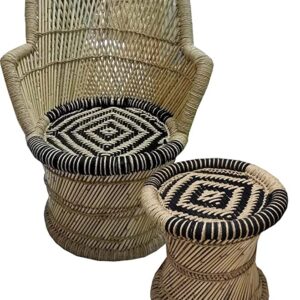 VANSHIKA Craft ! Natural Bamboo Mudda Weaving Black and Beige Flower Chair Set ! Chair with Wave Design Mudda