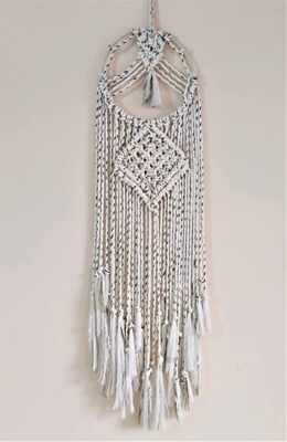 Kasba Cotton Wall Hanging for livingroom Decoration | Bohemian Geometric Theme | Cotton Dream Catcher | Bohemian Wall Decor | Handmade (3 feet, White with Green Lines)