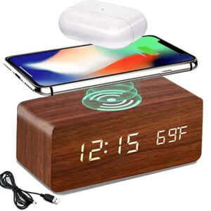 Bluebell Wooden Digital Smart Alarm Clock with Wireless Charging, 3 Alarms, LED Display, Temperature, Sound Control and Snooze, Digital Table Clock for Home, Office, Desk, Students(Brown)
