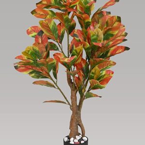 Blooming Floret Artificial Croton Tree | with Basic Black Pot | Ornamental Plant for Interior Decor/Home Decor/Office Decor | Indoor Tropical Plant | Durable