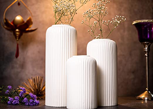 KREATIVE ART'S Modern Ceramic Flower Vase for Living Room, Flower Pots for Home Decoration , Home Decor, White Vase (Set of 3PCS, Off White)