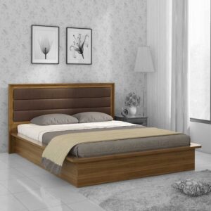 Kosmo Cooper Queen Size Upholstered Bed With Box Storage in Natural Teak Finish