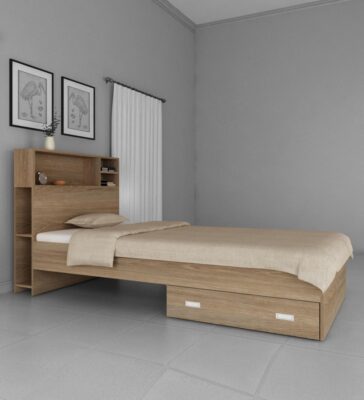 Soltera Single Bed With Headboard Storage & Drawer in Oak Finish