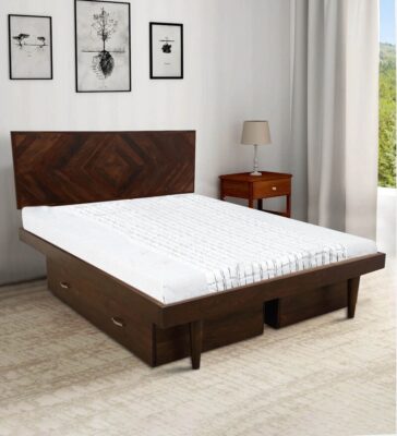 Square Diamond King Size Bed With Drawer Storage In Walnut Finish