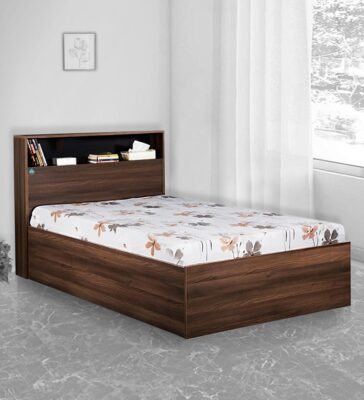 Urban Single Bed with Head Board Shelf & Storage in Acacia Dark & Black Finish